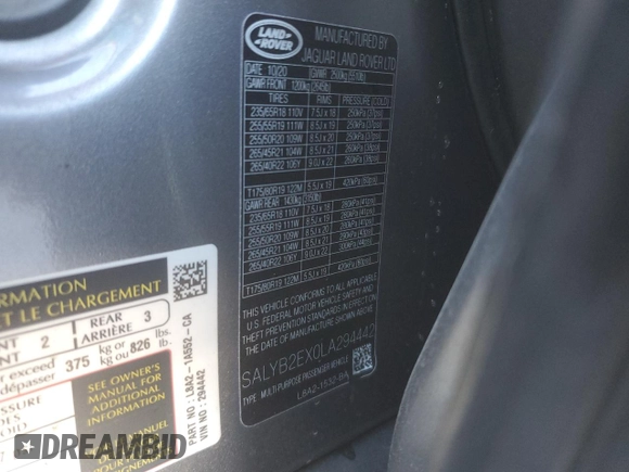 2020 Land Rover Range Rover Velar S with VIN SALYB2EX0LA294442, listed as a Copart auction lot 89082895 with 60,265 mi miles and Salvage title. Bid and sale history available at DreamBid. Image 15.