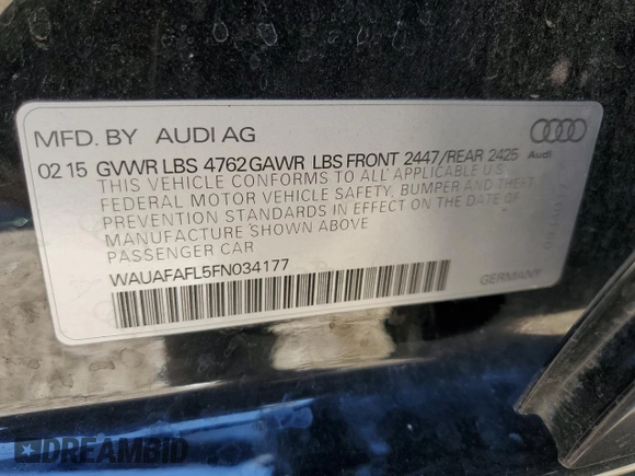 2015 Audi A4 Premium с VIN WAUAFAFL5FN034177, выставлен на аукционе Copart как лот 55785295 с пробегом 69 802 миль миль и Списание • Salvage title. История ставок и продаж доступна на DreamBid. Изображение 12.