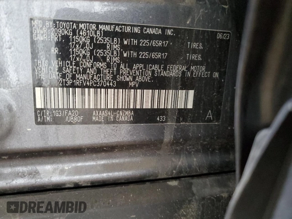 2023 Toyota RAV4 XLE with VIN 2T3P1RFV4PC370443, listed as a Copart auction lot 59790555 with 16,105 mi miles and Salvage title. Bid and sale history available at DreamBid. Image 13.