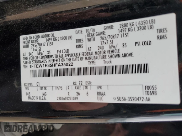 2017 Ford F-150 XL with VIN 1FTEW1E85HFA35022, listed as a Copart auction lot 48306355 with 139,326 mi miles and Salvage Title. Bid and sale history available at DreamBid. Image 12.