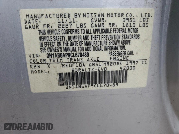 2012 Nissan Sentra S with VIN 3N1AB6AP9CL670489, listed as a Copart auction lot 57072585 with 180,791 mi miles and Salvage title. Bid and sale history available at DreamBid. Image 13.