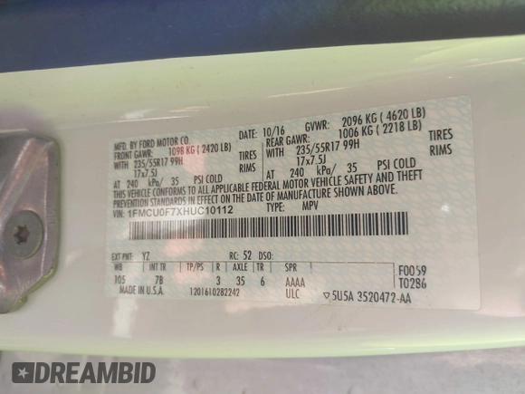 2017 Ford Escape S with VIN 1FMCU0F7XHUC10112, listed as a IAAI auction lot 42068531 with 164,679 mi miles and . Bid and sale history available at DreamBid. Image 9.