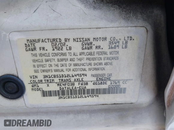 2002 Nissan Sentra GXE z VIN 3N1CB51D12L649594, wystawiony jako IAAI lot #41758242 z przebiegiem 274 883 mil mil oraz . Historia ofert i sprzedaży dostępna na DreamBid. Obrazek 9.