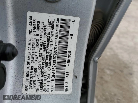 2008 Honda Civic EX-L z VIN 1HGFA169X8L076078, wystawiony jako Copart lot #51482315 z przebiegiem 116 689 mil mil oraz Szkoda całkowita • Salvage title. Historia ofert i sprzedaży dostępna na DreamBid. Obrazek 14.