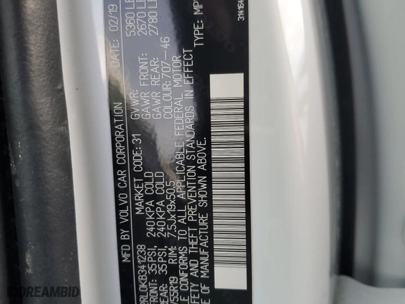 2019 Volvo XC60 Inscription with VIN LYV102RL0KB341238, listed as a Copart auction lot 42243335 with 55,491 mi miles and Salvage Title. Bid and sale history available at carsss.com. Image 13.