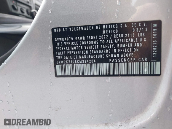 2012 Volkswagen Jetta S с VIN 3VW2K7AJ8CM394204, выставлен на аукционе IAAI как лот 41721042 с пробегом 215 326 миль миль и . История ставок и продаж доступна на DreamBid. Изображение 9.