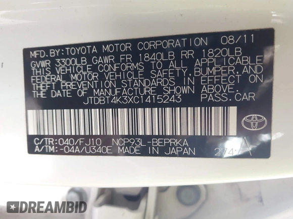 2012 Toyota Yaris z VIN JTDBT4K3XC1415243, wystawiony jako IAAI lot #42251811 z przebiegiem 198 838 mil mil oraz . Historia ofert i sprzedaży dostępna na DreamBid. Obrazek 9.