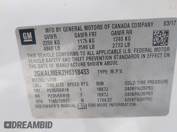 2017 GMC Terrain SLE with VIN 2GKALMEK2H6318433, listed as a IAAI auction lot 42174009 with 187,538 mi miles. Bid and sale history available at carsss.com. Image 9.