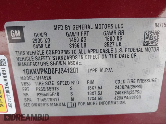 2015 GMC Acadia SLE with VIN 1GKKVPKD0FJ341201, listed as a IAAI auction lot 41863443 with 113,504 mi miles. Bid and sale history available at carsss.com. Image 9.
