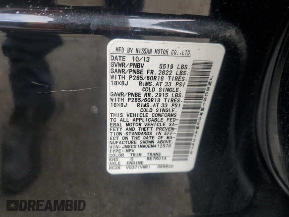 2014 Infiniti QX70 with VIN JN8CS1MW0EM412578, listed as a Copart auction lot 49091955 with 157,580 mi miles and Salvage title. Bid and sale history available at DreamBid. Image 14.