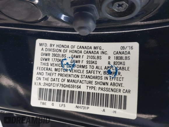 2016 Honda Civic EX-L with VIN 2HGFC1F79GH659164, listed as a IAAI auction lot 42455097 with 166,157 mi miles and . Bid and sale history available at DreamBid. Image 9.