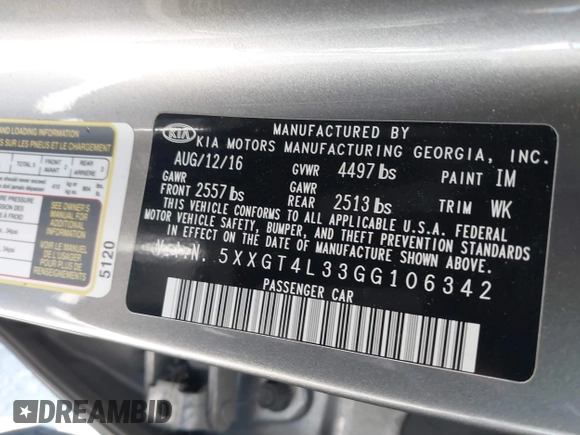 2016 Kia Optima LX with VIN 5XXGT4L33GG106342, listed as a IAAI auction lot 42272945 with 94,645 mi miles and . Bid and sale history available at DreamBid. Image 9.