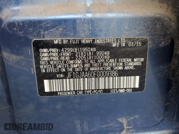 2015 Subaru Impreza z VIN JF1GJAA60FG009386, wystawiony jako Copart lot #60679535 z przebiegiem 143 486 mil mil oraz Szkoda całkowita • Salvage title. Historia ofert i sprzedaży dostępna na DreamBid. Obrazek 12.