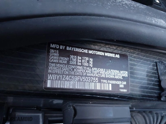 2015 BMW i3 with VIN WBY1Z4C59FV503755, listed as a IAAI auction lot 41654699 with NaN miles. Bid and sale history available at carsss.com. Image 9.