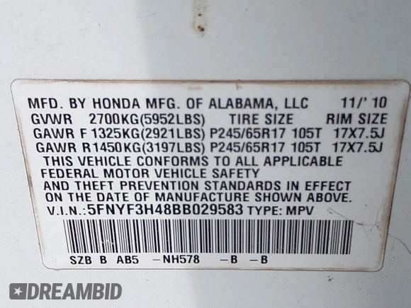 2011 Honda Pilot EX with VIN 5FNYF3H48BB029583, listed as a IAAI auction lot 42096963 with 263,545 mi miles and . Bid and sale history available at carsss.com. Image 9.