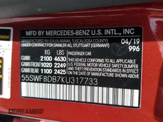 2019 Mercedes-Benz C 300 with VIN 55SWF8DB7KU317733, listed as a Copart auction lot 55562235 with 39,884 mi miles and Non repairable. Bid and sale history available at DreamBid. Image 12.