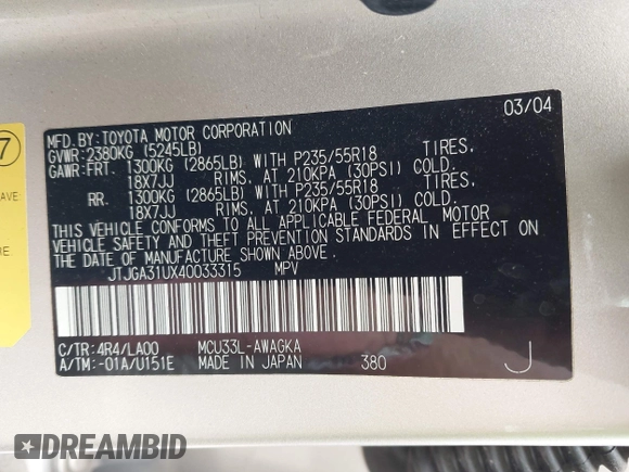 2004 Lexus RX 330 z VIN JTJGA31UX40033315, wystawiony jako IAAI lot #42386276 z przebiegiem 196 324 mil mil oraz . Historia ofert i sprzedaży dostępna na DreamBid. Obrazek 9.