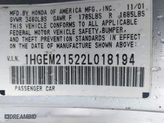 2002 Honda Civic LX with VIN 1HGEM21522L018194, listed as a IAAI auction lot 41923079 with 340,132 mi miles. Bid and sale history available at carsss.com. Image 9.
