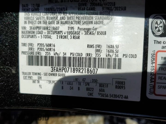 2009 Ford Fusion SE with VIN 3FAHP07189R218607, listed as a Copart auction lot 48750625 with 138,311 mi miles and Non Repairable. Bid and sale history available at carsss.com. Image 13.