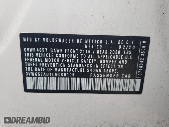 2020 Volkswagen Golf TSI z VIN 3VWG57AU1LM009105, wystawiony jako Copart lot #53172025 z przebiegiem 46 782 mil mil oraz Szkoda całkowita • Salvage title. Historia ofert i sprzedaży dostępna na DreamBid. Obrazek 15.