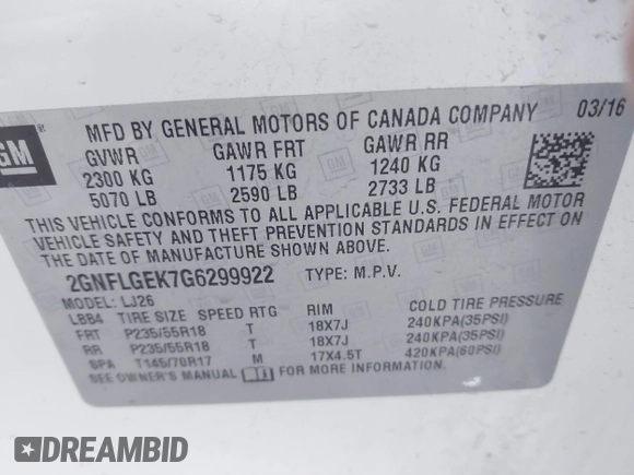 2016 Chevrolet Equinox LTZ with VIN 2GNFLGEK7G6299922, listed as a IAAI auction lot 41316533 with 89,938 mi miles. Bid and sale history available at carsss.com. Image 9.