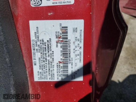 2005 Ford Mustang Deluxe with VIN 1ZVFT80N355107272, listed as a Copart auction lot 58216885 with 126,742 mi miles and Salvage title. Bid and sale history available at DreamBid. Image 12.