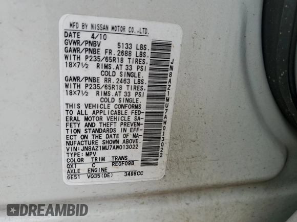 2010 Nissan Murano SL z VIN JN8AZ1MU7AW013022, wystawiony jako Copart lot #60419605 z przebiegiem 91 175 mil mil oraz Szkoda całkowita • Salvage title. Historia ofert i sprzedaży dostępna na DreamBid. Obrazek 13.