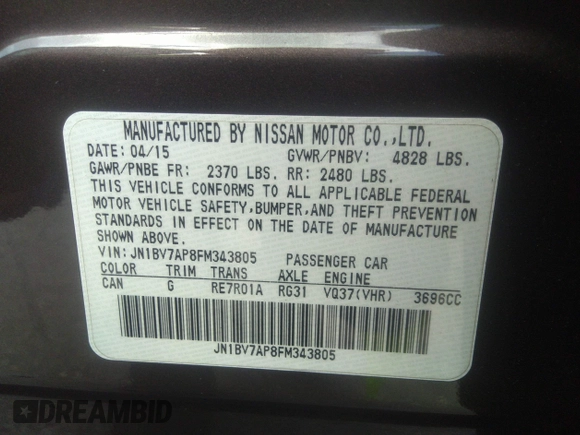 2015 Infiniti Q50 Premium with VIN JN1BV7AP8FM343805, listed as a IAAI auction lot 41752314 with 69,231 mi miles. Bid and sale history available at carsss.com. Image 9.