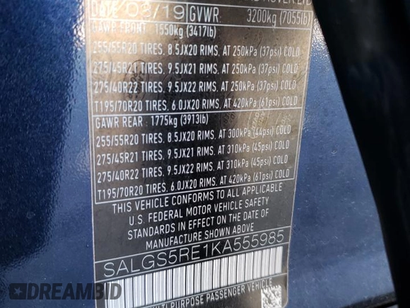 2019 Land Rover Range Rover z VIN SALGS5RE1KA555985, wystawiony jako Copart lot #42646015 z przebiegiem 53 265 mil mil oraz Szkoda całkowita • Salvage title. Historia ofert i sprzedaży dostępna na DreamBid. Obrazek 16.