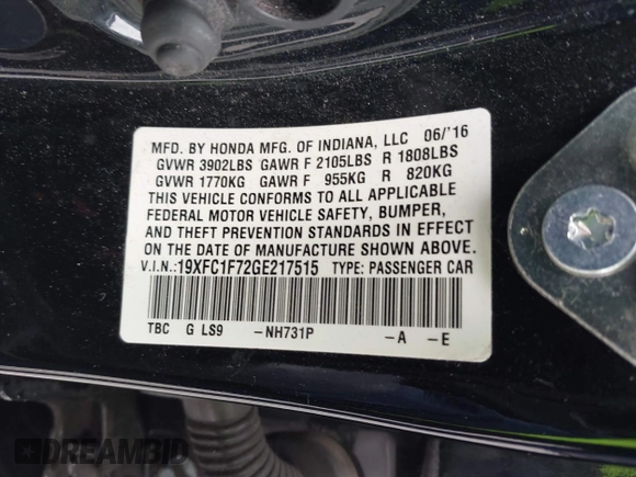2016 Honda Civic Sedan EX-L with VIN 19XFC1F72GE217515, listed as a IAAI auction lot 41893795 with 130,703 mi miles. Bid and sale history available at carsss.com. Image 9.