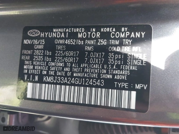 2016 Hyundai Tucson Limited with VIN KM8J33A24GU124543, listed as a IAAI auction lot 41808327 with 38,069 mi miles. Bid and sale history available at carsss.com. Image 9.