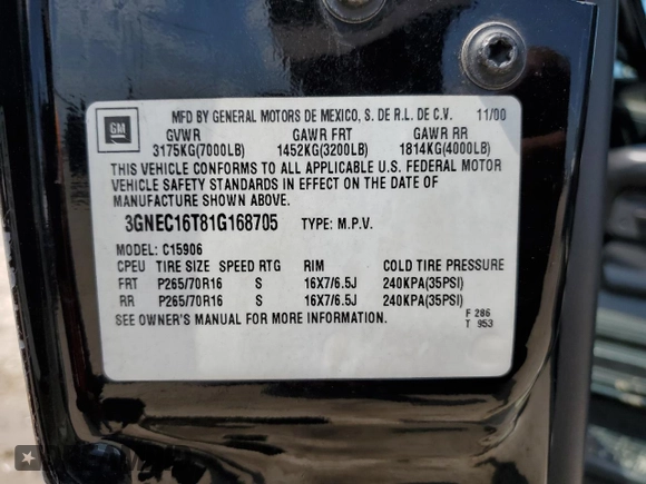 2001 Chevrolet Suburban LS with VIN 3GNEC16T81G168705, listed as a Copart auction lot 71161814 with 183,828 mi miles and Salvage Title. Bid and sale history available at carsss.com. Image 13.