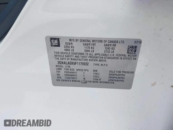 2015 Chevrolet Equinox LS with VIN 2GNALAEK9F1179932, listed as a IAAI auction lot 42093595 with 133,026 mi miles. Bid and sale history available at carsss.com. Image 9.