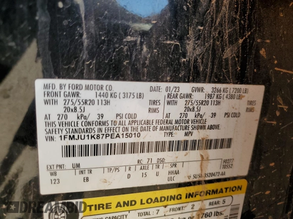 2023 Ford Expedition Limited with VIN 1FMJU1K87PEA15010, listed as a Copart auction lot 59394745 with 29,373 mi miles and Salvage title. Bid and sale history available at DreamBid. Image 13.