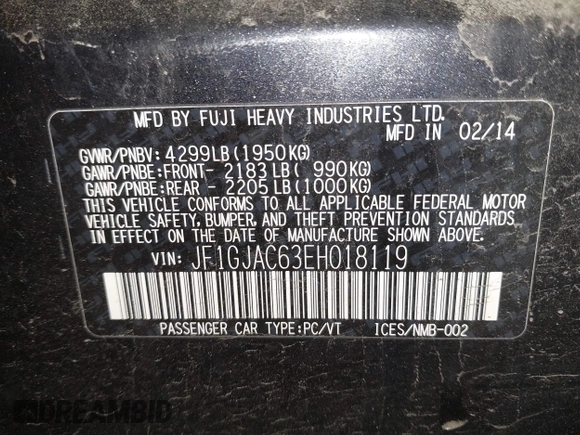2014 Subaru Impreza Premium with VIN JF1GJAC63EH018119, listed as a IAAI auction lot 42387914 with 163,654 mi miles and . Bid and sale history available at DreamBid. Image 9.