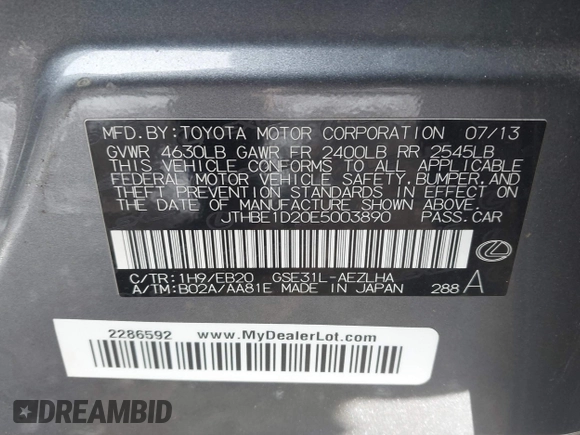 2014 Lexus IS 350 with VIN JTHBE1D20E5003890, listed as a IAAI auction lot 41397188 with 95,242 mi miles and . Bid and sale history available at DreamBid. Image 9.