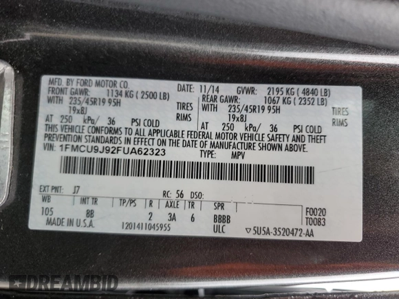 2015 Ford Escape Titanium with VIN 1FMCU9J92FUA62323, listed as a Copart auction lot 85826724 with 108,315 mi miles and Salvage Title. Bid and sale history available at DreamBid. Image 15.