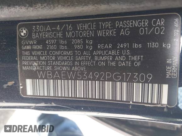 2002 BMW 3 Series 330xi with VIN WBAEW53492PG17309, listed as a IAAI auction lot 42311544 with 239,540 mi miles and . Bid and sale history available at DreamBid. Image 9.