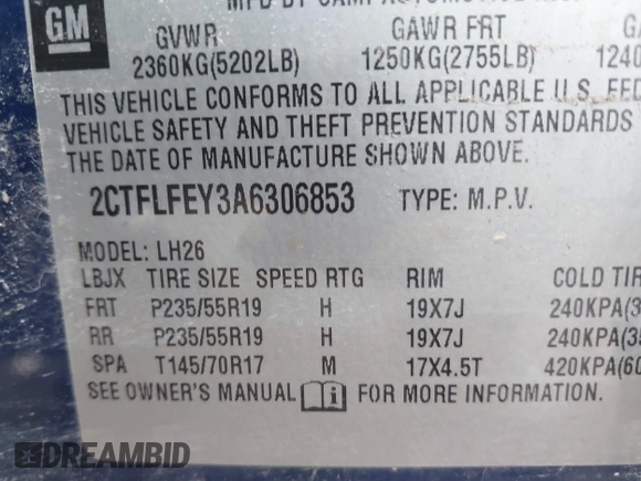 2010 GMC Terrain SLT-1 with VIN 2CTFLFEY3A6306853, listed as a IAAI auction lot 41913963 with 124,355 mi miles and . Bid and sale history available at DreamBid. Image 9.