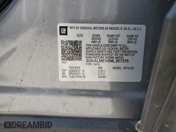 2021 GMC Terrain SLE with VIN 3GKALMEV0ML357375, listed as a Copart auction lot 68809014 with 73,186 mi miles and Salvage title. Bid and sale history available at DreamBid. Image 13.