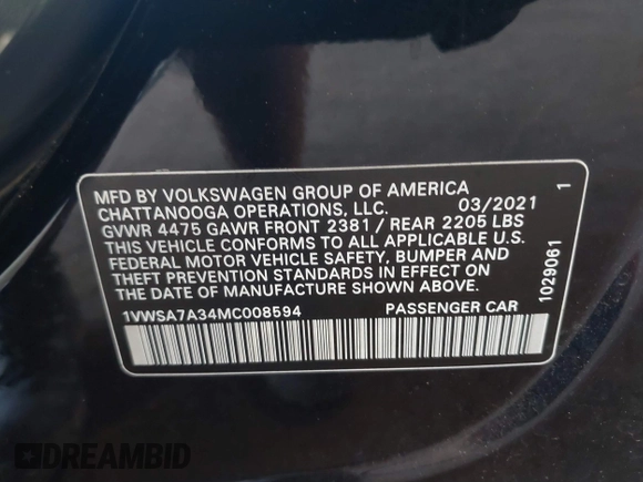 2021 Volkswagen Passat SE with VIN 1VWSA7A34MC008594, listed as a IAAI auction lot 40054898 with 78,664 mi miles and . Bid and sale history available at DreamBid. Image 9.