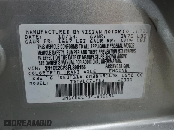 2015 Nissan Note S Plus with VIN 3N1CE2CP3FL390156, listed as a Copart auction lot 63048535 with Not provided miles and Salvage title. Bid and sale history available at DreamBid. Image 13.