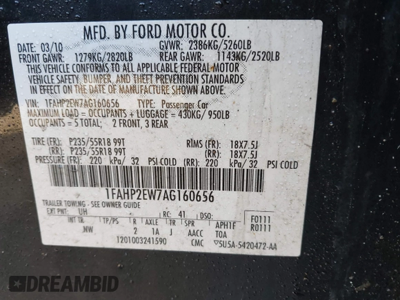 2010 Ford Taurus SEL с VIN 1FAHP2EW7AG160656, выставлен на аукционе IAAI как лот 41764390 с пробегом 152 864 миль миль и . История ставок и продаж доступна на DreamBid. Изображение 9.