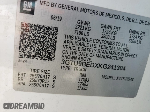2019 GMC Sierra 1500 SLE z VIN 3GTU9BEDXKG241304, wystawiony jako Copart lot #58845365 z przebiegiem 98 773 mil mil oraz Szkoda całkowita • Salvage title. Historia ofert i sprzedaży dostępna na DreamBid. Obrazek 12.