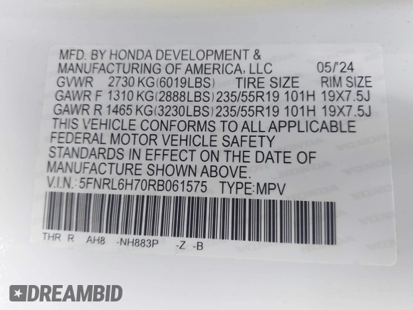 2024 Honda Odyssey Sport with VIN 5FNRL6H70RB061575, listed as a IAAI auction lot 41684598 with 8,187 mi miles and . Bid and sale history available at DreamBid. Image 9.