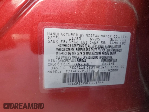 2020 Nissan Kicks SV with VIN 3N1CP5CV8LL565944, listed as a Copart auction lot 53355745 with 14,429 mi miles and Salvage Title. Bid and sale history available at carsss.com. Image 12.