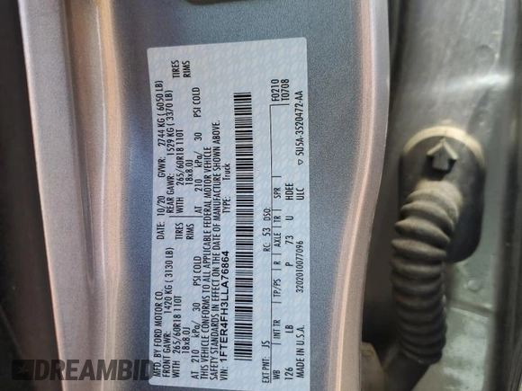 2020 Ford Ranger XL with VIN 1FTER4FH3LLA76864, listed as a Copart auction lot 57362145 with 25,309 mi miles and Salvage title. Bid and sale history available at DreamBid. Image 13.