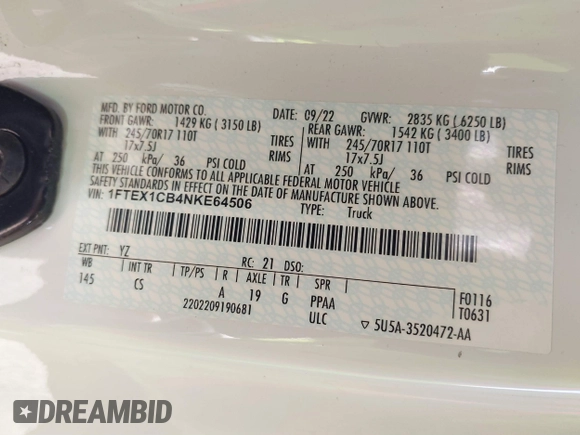 2022 Ford F-150 XL z VIN 1FTEX1CB4NKE64506, wystawiony jako IAAI lot #41408979 z przebiegiem Nie podano mil oraz . Historia ofert i sprzedaży dostępna na DreamBid. Obrazek 9.