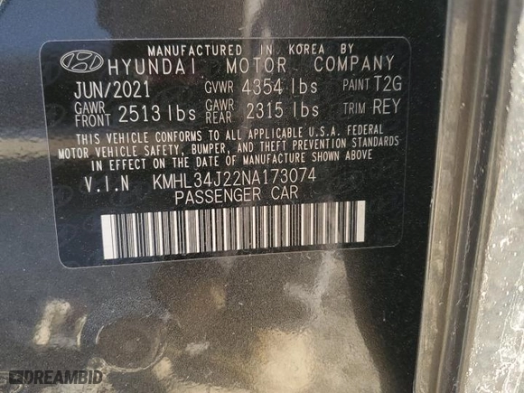 2022 Hyundai Sonata Limited with VIN KMHL34J22NA173074, listed as a Copart auction lot 84163474 with 29,159 mi miles and Salvage Title. Bid and sale history available at carsss.com. Image 12.