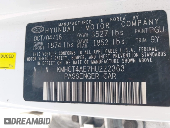 2017 Hyundai Accent SE z VIN KMHCT4AE7HU222363, wystawiony jako IAAI lot #42310268 z przebiegiem 122 940 mil mil oraz . Historia ofert i sprzedaży dostępna na DreamBid. Obrazek 9.